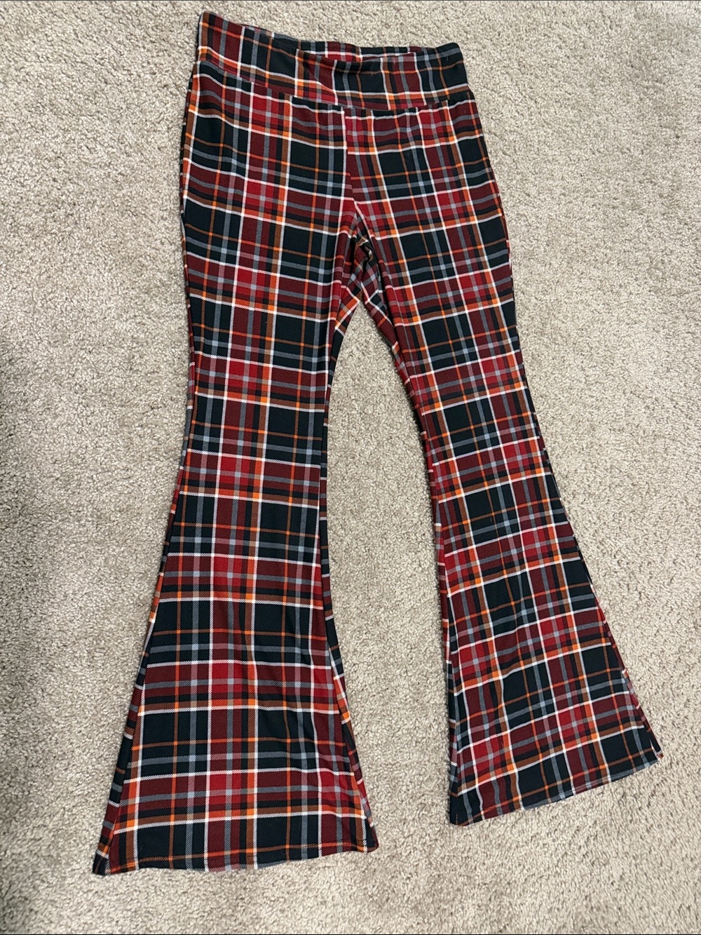 Rust, Pumpkin, Cream and Black Plaid Flared Pants